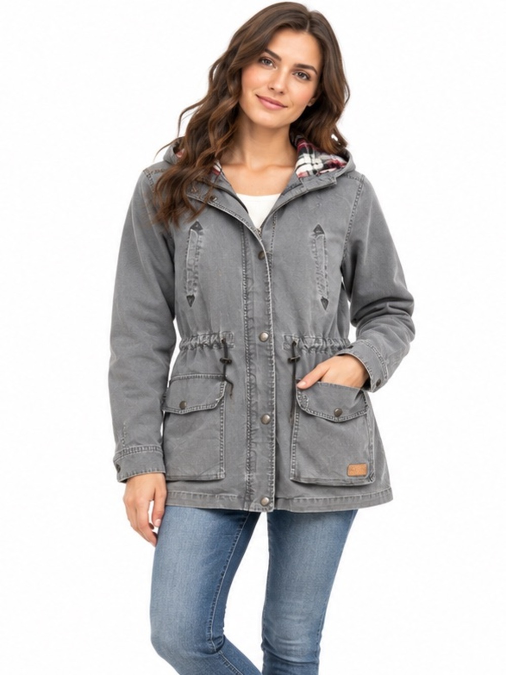 Roots Canada Women’s XL Grey Hooded Utility Jacket Plaid Lined Field Coat